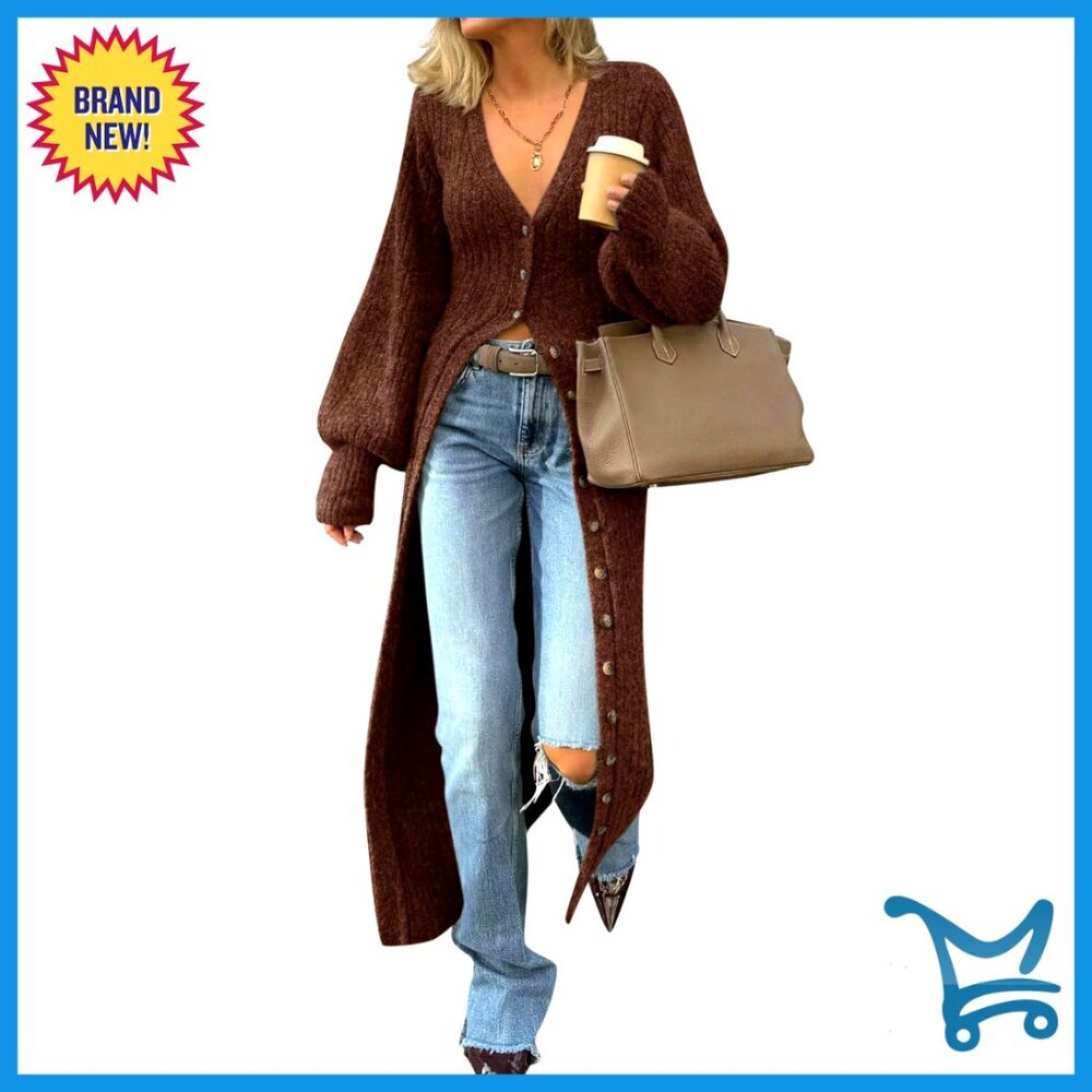 Chunky Knit Maxi Cardigan V-Neck Button Down Sweater Dress Duster Coat